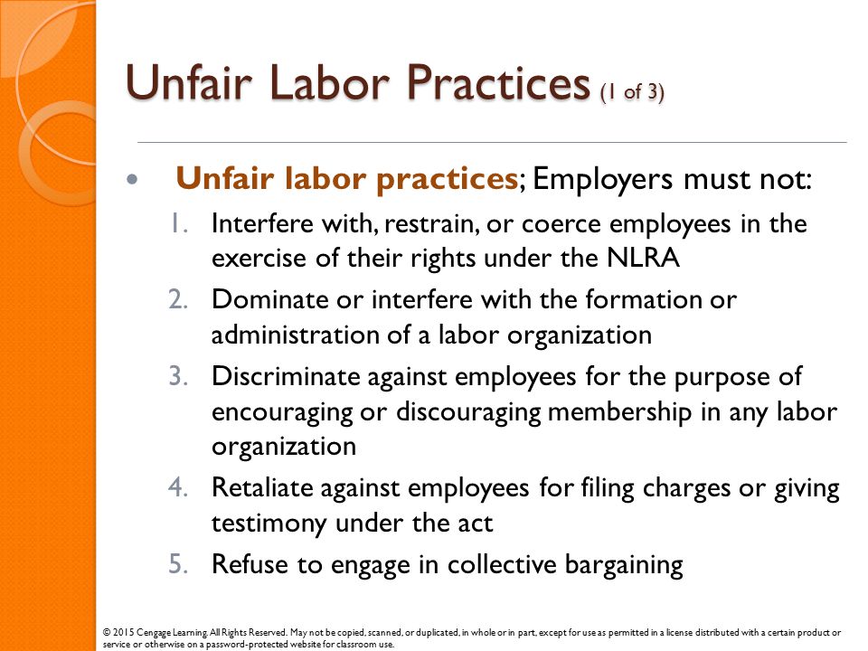 List three examples of unfair labor practices